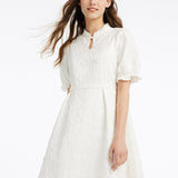 Beyaz Çekoslovak Qipao Jacquard Puff Kol Midi Elbise