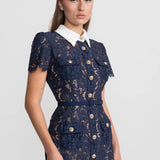 Çiçek Dantelli Midi Elbise – Lacivert