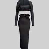 İki Parçalı Çiçek Detaylı Üst ve Maksi Etek