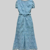 Mavi İnce Dantel Midi Elbise