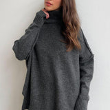 Yüksek Yaka Yırtmaçlı Kazak Bol Örgü Pantolon Takımı