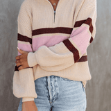 Gündelik Katı Patchwork Fermuar Yaka Kazak