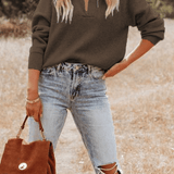 Gündelik Katı Patchwork Fermuar Yaka Kazak