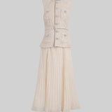 Önden Cepli ve Şeffaf Pileli Etekli Dokulu Co-Ord - Ivoire