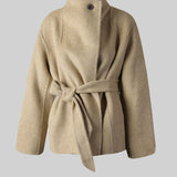 Bej Kuşaklı Yün Mini Kaban