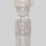 Eşleşen Bel Kemerli Zarif Kısa Kollu Dantel Elbise