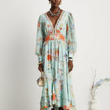 Jailina Çiçekli V Yaka Uzun Kollu Maxi Elbise