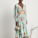 Jailina Çiçekli V Yaka Uzun Kollu Maxi Elbise