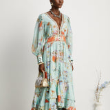 Jailina Çiçekli V Yaka Uzun Kollu Maxi Elbise