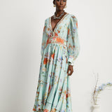 Jailina Çiçekli V Yaka Uzun Kollu Maxi Elbise