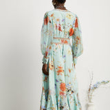 Jailina Çiçekli V Yaka Uzun Kollu Maxi Elbise