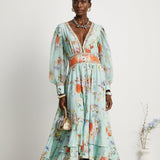 Jailina Çiçekli V Yaka Uzun Kollu Maxi Elbise