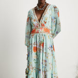 Jailina Çiçekli V Yaka Uzun Kollu Maxi Elbise