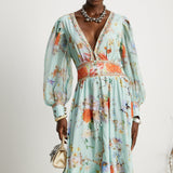 Jailina Çiçekli V Yaka Uzun Kollu Maxi Elbise