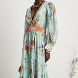 Jailina Çiçekli V Yaka Uzun Kollu Maxi Elbise