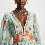 Jailina Çiçekli V Yaka Uzun Kollu Maxi Elbise