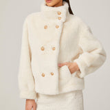 Elegance Pearl Çift Düğmeli Peluş Kaban