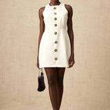 Opulent Bloom Altın Düğme Detaylı Kolsuz Mini Elbise