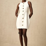 Opulent Bloom Altın Düğme Detaylı Kolsuz Mini Elbise