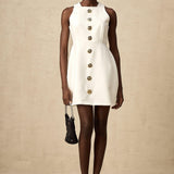 Opulent Bloom Altın Düğme Detaylı Kolsuz Mini Elbise