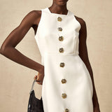 Opulent Bloom Altın Düğme Detaylı Kolsuz Mini Elbise