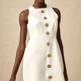 Opulent Bloom Altın Düğme Detaylı Kolsuz Mini Elbise