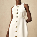 Opulent Bloom Altın Düğme Detaylı Kolsuz Mini Elbise