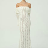 Zarif Omuzları Açık Dantel Maksi Elbise