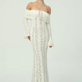 Zarif Omuzları Açık Dantel Maksi Elbise