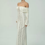 Zarif Omuzları Açık Dantel Maksi Elbise