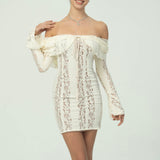 Çan Kollu Şık Omuzları Açık Dantel Mini Elbise