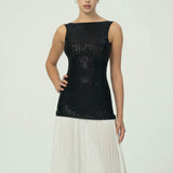 Sofistike Siyah Pullu Beyaz Pileli Maksi Etek