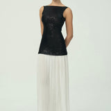 Sofistike Siyah Pullu Beyaz Pileli Maksi Etek