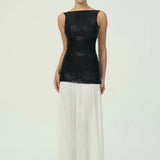 Sofistike Siyah Pullu Beyaz Pileli Maksi Etek