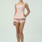 Çift Fiyonk Sırt Detaylı Zarif Pembe Tüvit Kısa Takım