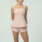 Çift Fiyonk Sırt Detaylı Zarif Pembe Tüvit Kısa Takım