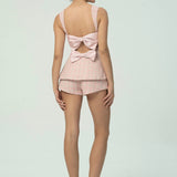 Çift Fiyonk Sırt Detaylı Zarif Pembe Tüvit Kısa Takım