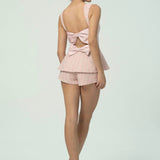 Çift Fiyonk Sırt Detaylı Zarif Pembe Tüvit Kısa Takım