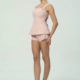 Çift Fiyonk Sırt Detaylı Zarif Pembe Tüvit Kısa Takım