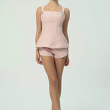 Çift Fiyonk Sırt Detaylı Zarif Pembe Tüvit Kısa Takım