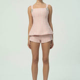 Çift Fiyonk Sırt Detaylı Zarif Pembe Tüvit Kısa Takım