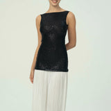 Sofistike Siyah Pullu Beyaz Pileli Maksi Etek