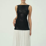 Sofistike Siyah Pullu Beyaz Pileli Maksi Etek