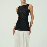 Sofistike Siyah Pullu Beyaz Pileli Maksi Etek