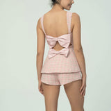 Çift Fiyonk Sırt Detaylı Zarif Pembe Tüvit Kısa Takım