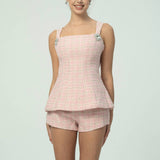 Çift Fiyonk Sırt Detaylı Zarif Pembe Tüvit Kısa Takım