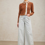 Taş İşlemeli Fırfırlı Örgü Hırka