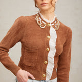 Taş İşlemeli Fırfırlı Örgü Hırka