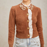 Taş İşlemeli Fırfırlı Örgü Hırka