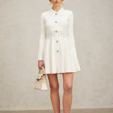 Beyaz Pileli Triko Mini Elbise